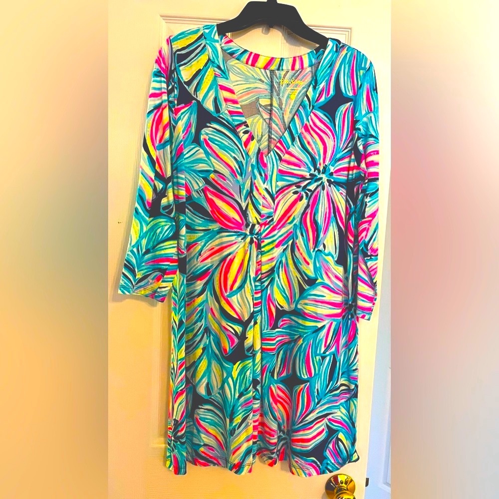 EUC. Lilly Pulitzer Amina Dress in High Tide Dancing Lady. Pima Cotton. Large.